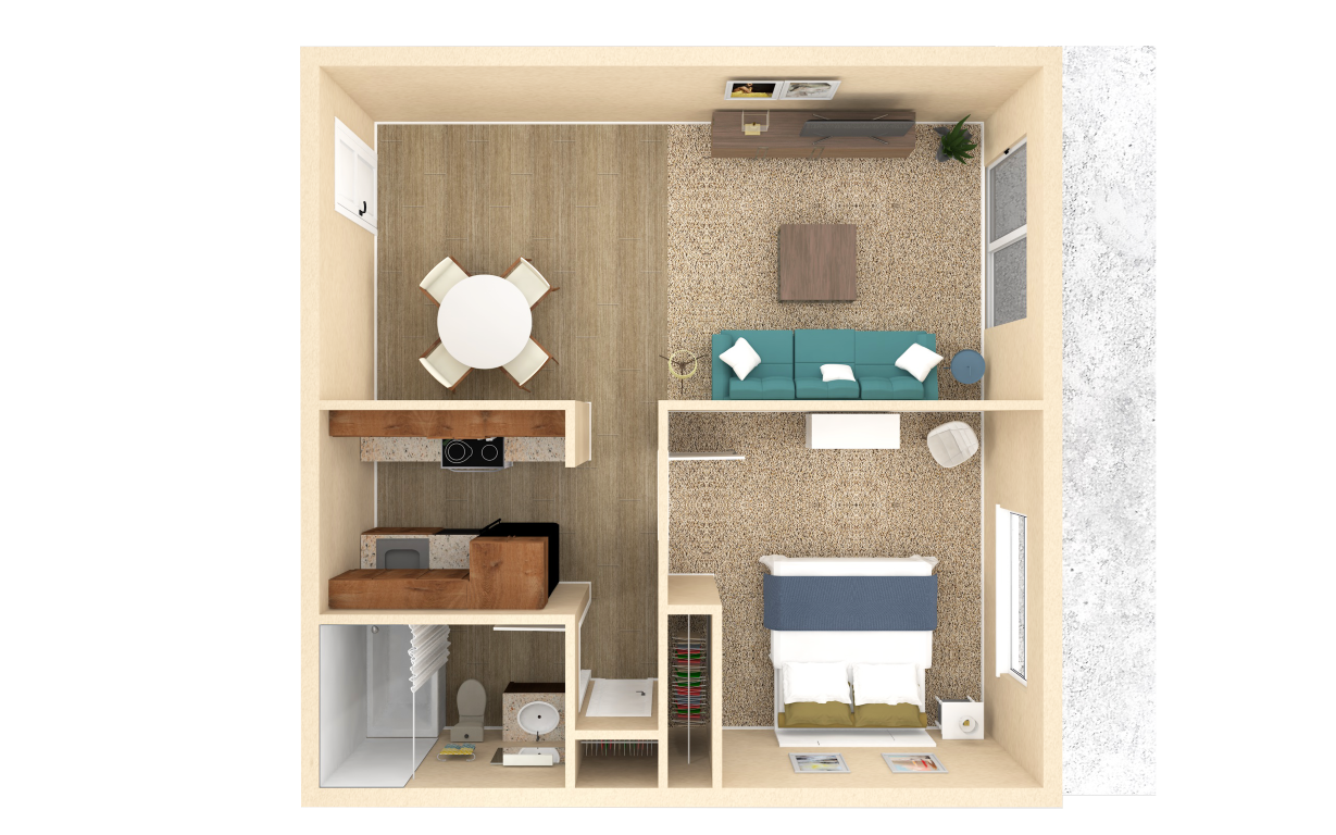 Floor plan for 1 bed, 1 bath, 598 sqft